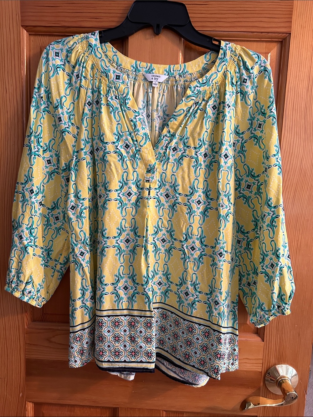 crown & ivy Yellow Tunic with Teal and White Print